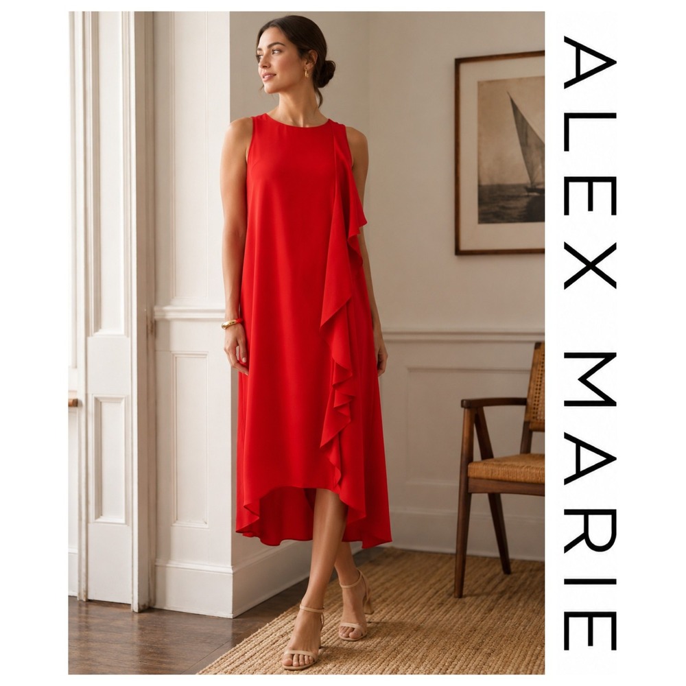 Alex Marie Red Christine Sleeveless Shift Dress Ruffle Quiet Luxury Size 4 NWT